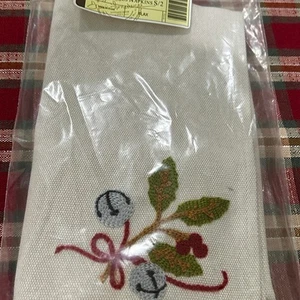 Longaberger HOLLY BELLS embroidered Napkins Set of 2 NEW Flax fabric - Picture 1 of 1