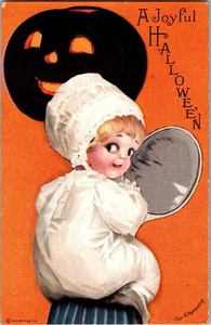 Cartolina Halloween Bambino Specchio Arancione Sfondo Nero Zucca Clapsaddle JO5 - Foto 1 di 2