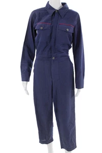 Designer Women Collared Long Sleeve Cotton Jumpsuit Dark Blue Size XS - Picture 1 of 6