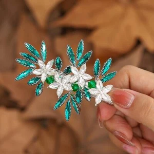 Green Rhinestone Hair Clips Crystal Hair Pieces Floral Wedding Barrette Glitt... - Picture 1 of 7
