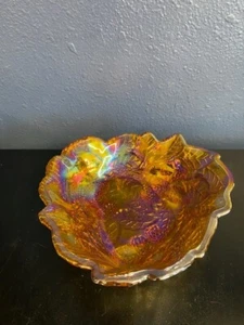 Vintage Amber Carnival Glass-Triangular Dish Bottom Berries and Leaf Rim - 7" - Picture 1 of 3