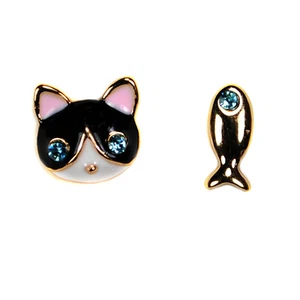 CAT & FISH EARRINGS Post Stud Pair Enamel Kitty Jewelry Tiny Sparkle Rhinestone - Picture 1 of 3