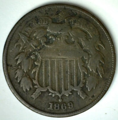 1869 US Two Cents Bronze Coin Good Circulated Shield Wreath 2c Type Coin - Image 1 of 2