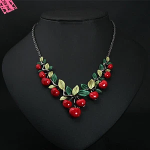 Fashion Women Girl Red Enamel Resin Cherry Pendant Chain Lady Retro Necklace - Picture 1 of 4