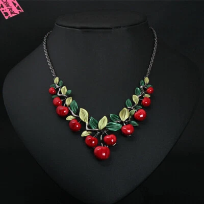 Fashion Women Girl Red Enamel Resin Cherry Pendant Chain Lady Retro Necklace - Image 1 of 4