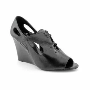 OMG! Jessica Bennett NEO Lace Up Cut Out WEDGE Pumps BLACK LEATHER 12M SEXY NIB - Picture 1 of 7