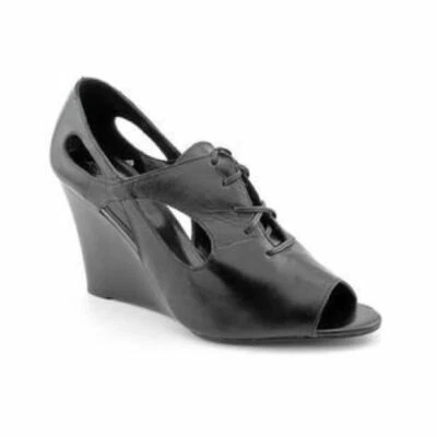 OMG! Jessica Bennett NEO Lace Up Cut Out WEDGE Pumps BLACK LEATHER 12M SEXY NIB - Image 1 of 4