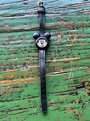 Disney Mickey Mouse Watch Women Black Leather Mickey Head Face UNTESTED - Image 1 of 4