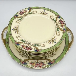 9pc DESSERT SET Black Knight HATHAWAY Rare HANDLED CAKE PLATE & 8" PLATES Green - Picture 1 of 24