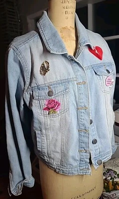 CI SONO Denim Collection Jacket Red Rose Make Love Not War Patches Jr XL Unique - Image 1 of 4