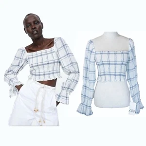 Zara Womens Plaid Blouse Off Shoulder Ruched Long Sleeve Top Checkered Size XS - Picture 1 of 8
