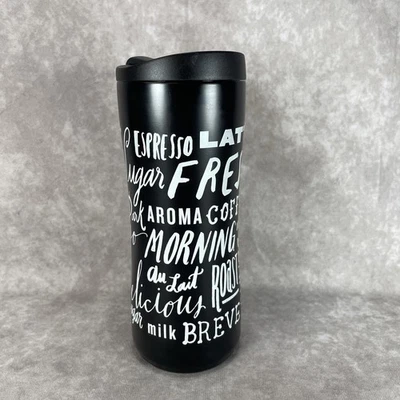 Vaso de café de acero inoxidable Aladdin 16 oz con tapa giratoria citado blanco negro Foto 1 de 4