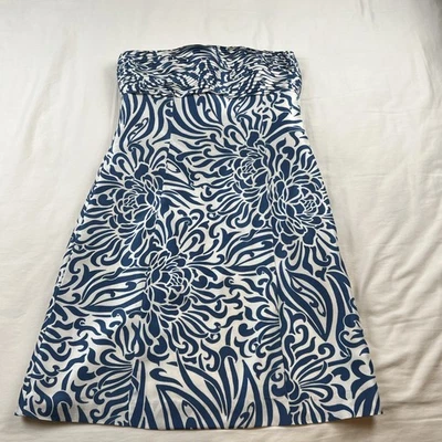 Ann Taylor Silk Strapless Ruched Bodice Cocktail Dress 6P Blue White Floral NWT - Image 1 of 4