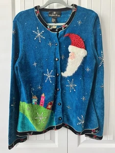 Christopher Radko Strickjacke Pullover Weihnachten L blau Chenille Perlen Pailletten Weihnachtsmann - Bild 1 von 7