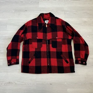 VTG 70s Woolrich Red Black Buffalo Plaid Wool Mackinaw Full Zip Jacket Sz XL USA - Picture 1 of 8