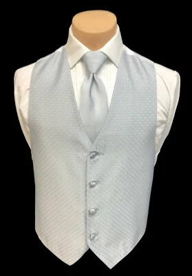 Men's Barassi Silver Tuxedo Vest & Tie Bow or Long Groom Wedding Party Prom  - Image 1 of 3