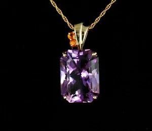 LARGE FINE EMERALD CUT AMETHYST & CITRINE SOLID 14K YELLOW GOLD DROP PENDANT - Picture 1 of 6