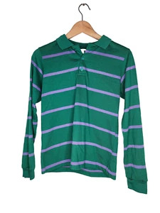 1980s Tiger Bay Boys Long Sleeve Striped Polo Shirt in Green and Purple Size L - Picture 1 of 6