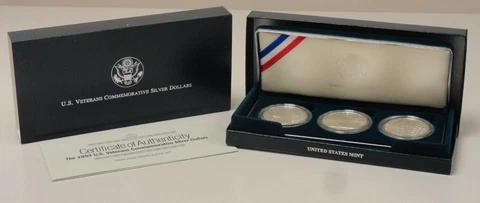 1994 BU United States Veterans 90% three silver dollar set, box & COA 69736 Cover