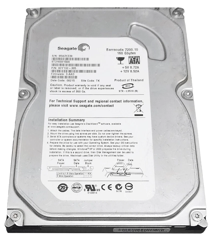 LOT OF 2 Seagate Barracuda ST3160815AS 7200.10 160 GB 9CY132-305 - Tested - Image 1 of 2