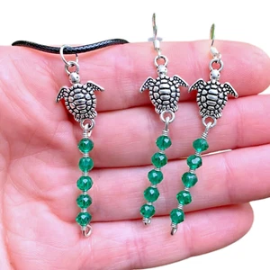 Silver Turtle Charm & Emerald Bead Matching 3 Piece Jewelry Set Gift For Mom - Picture 1 of 18