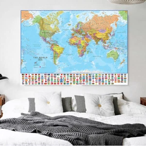 150x100cm World Political Map Foldable Canvas Painting with Flags Poster School - Picture 1 of 9