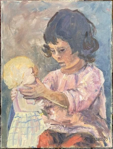 Oil painting signed R.Schwarz 1989 child with doll brown hair pink shirt - Picture 1 of 5
