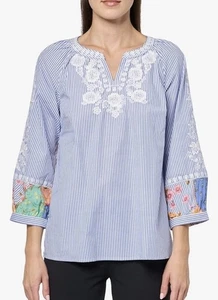John Mark Medium Embroidered Stripe Split V Neck 3/4 Sleeve Tunic Top NWT $129 - Picture 1 of 10