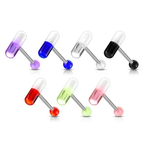 316L Surgical Steel Ball Barbells Tongue Ring UV Reacting 2 Color Acrylic Pills - Picture 1 of 10