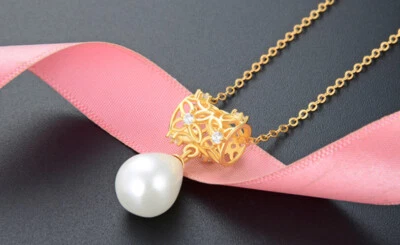 B22 Collana a Rete Rullo Placcato Oro Perla Gocce Argento Sterling 925 - Immagine 1 di 4