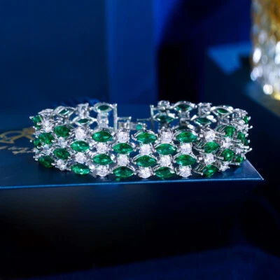 Silver Plated Green Marquise Zircon Crystal Women Fashion Wide Bracelet Jewelry Foto 1 de 4