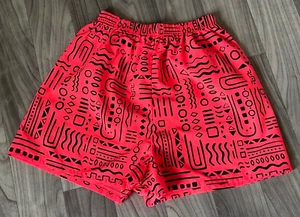 Vintage 80's Neon Orange & Black Abstract Unisex Medium Nylon Summer Shorts - Picture 1 of 4