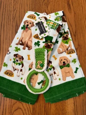 "ST PATRICK'S DAY PUPPIES" toallas de cocina con soporte de anillo de toallas de ganchillo (3 piezas) Foto 1 de 2