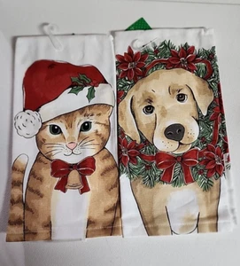 CAT & DOG Christmas Kitchen Towels 2 pk Sleigh Bell Bistro Cotton 26X16 - Picture 1 of 7