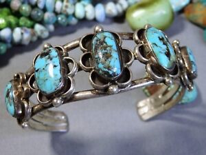 NAVAJO Chee KINGMAN TURQUOISE Solid STERLING Silver 41g Cuff Bracelet signed