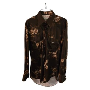 Vtg. 70s Wrangler Permanent Press Long Tails Pearl Snap Shirt Brown Floral USA - Picture 1 of 18