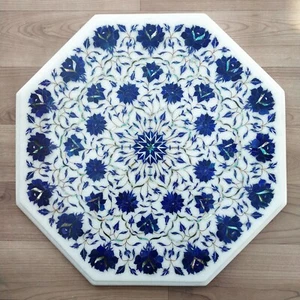 Coffee Table 18" handmade stone table top Lapis inlay work Wooden stand with LED - Bild 1 von 4