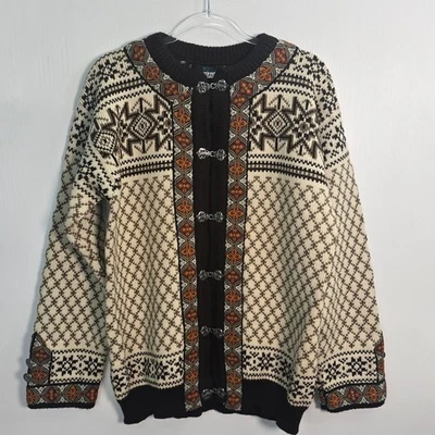 Dale of Norway Vintage Wool Cardigan Brown Cream Nordic Pewter Clasps Size 54 - Image 1 of 4