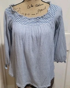 Neu mit Etikett Jessica Simpson Gardenia/true blue gesmokter U-Boot-Ausschnitt Raglanärmel zum Binden S - Bild 1 von 8