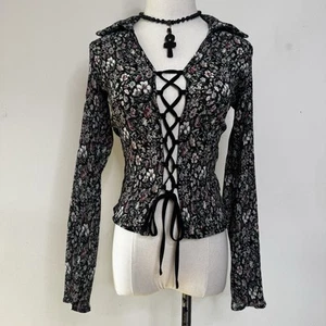 Vintage Y2K Floral Lace Up Crinkle Blouse Coquette Whimsigoth Witchy Fairy Top S - Picture 1 of 6