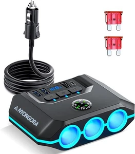 Cigarette Lighter Splitter, 120W Car Charger Adapter with USB & PD, 7 Black - Picture 1 of 6