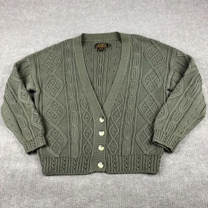 Vintage Eddie Bauer Sweater Womens M Petite Olive Green Cable Knit Cardigan 90s - Picture 1 of 13
