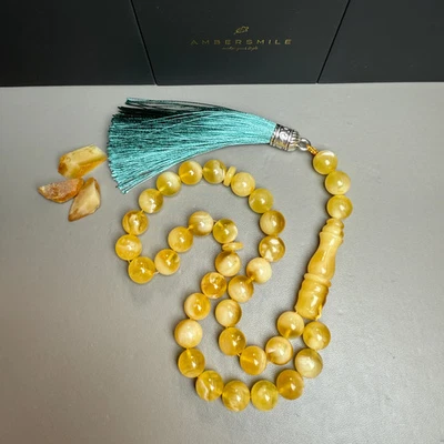 Handmade Honey White Amber Tasbih Misbaha Islamic Prayer Beads 10mm 27.5g - Image 1 of 3