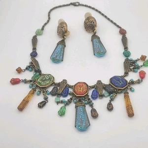 Sweet Romance Necklace Earrings Set Egyptian Revival Scarab 16" - Picture 1 of 11