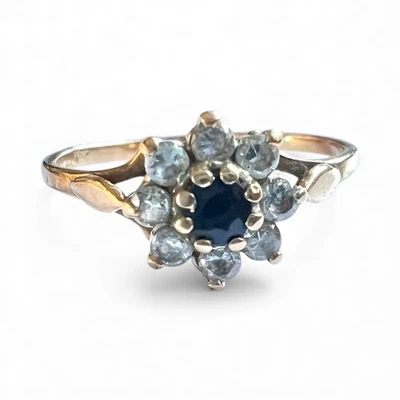 Сапфир кольцо 9 карат золото размер N цирконий цветок кластер платье кольцо с клеймом - Изображение 1 из 4