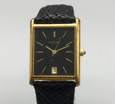 Pulsar Tank Reloj Hombre 26mm Esfera Negra Tono Dorado Fecha VX32-X343 Batería Nueva Foto 1 de 4