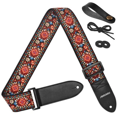 Wepop Floral Embroidery Cotton Guitar Strap Genuine Leather Ends 2 Strap Locks