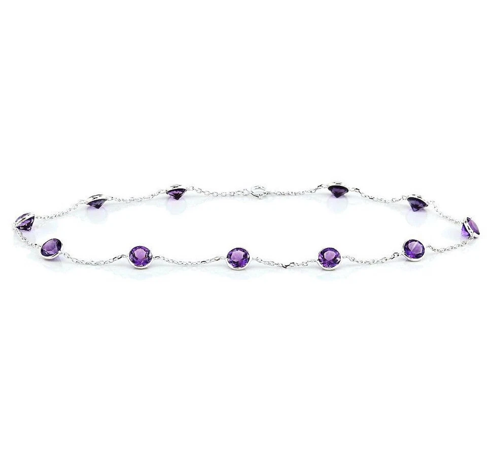 Tobillera de piedras preciosas de oro blanco de 14K con amatistas de forma redonda 10,5 pulgadas Foto 1 de 1