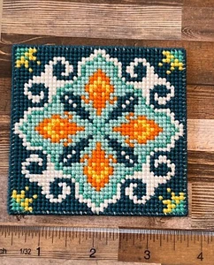 Handmade Cross Stitch Mediterranean Tile E Refrigerator Magnet - Picture 1 of 2