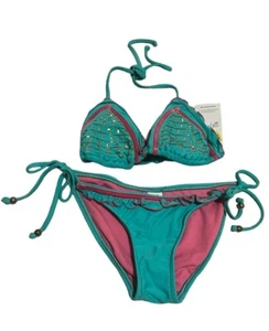 NWT Billabong SURFSIDE Triangle Bikini 2 Piece Green Pink Gold Ruffle Sz S Vtg - Picture 1 of 7
